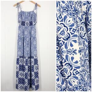 Express Maxi Dress Square Neck Tiered Skirt Tie Straps Boho Size XS Blue White